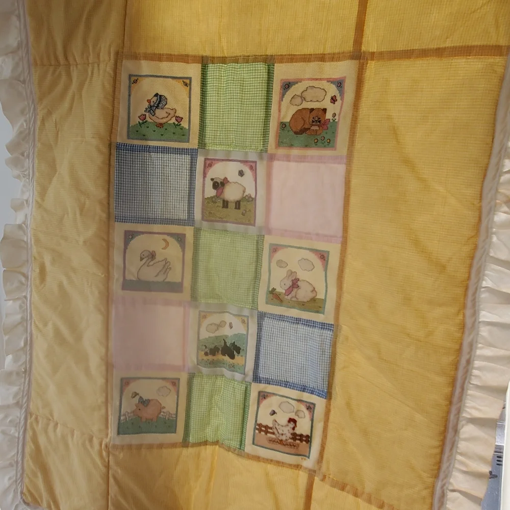 VTG Embroidered Baby Quilt 33x42 Cross Stitch 1980s Farm Animals Gingham Crib